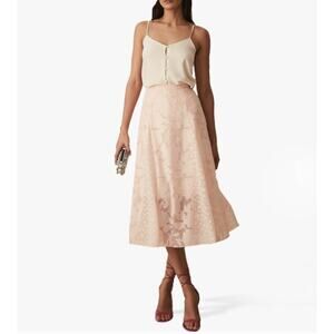 Reiss Skirt Womens 6 Chloe Burnout Pleat Midi Pink Floral Feminine Elegant Chic